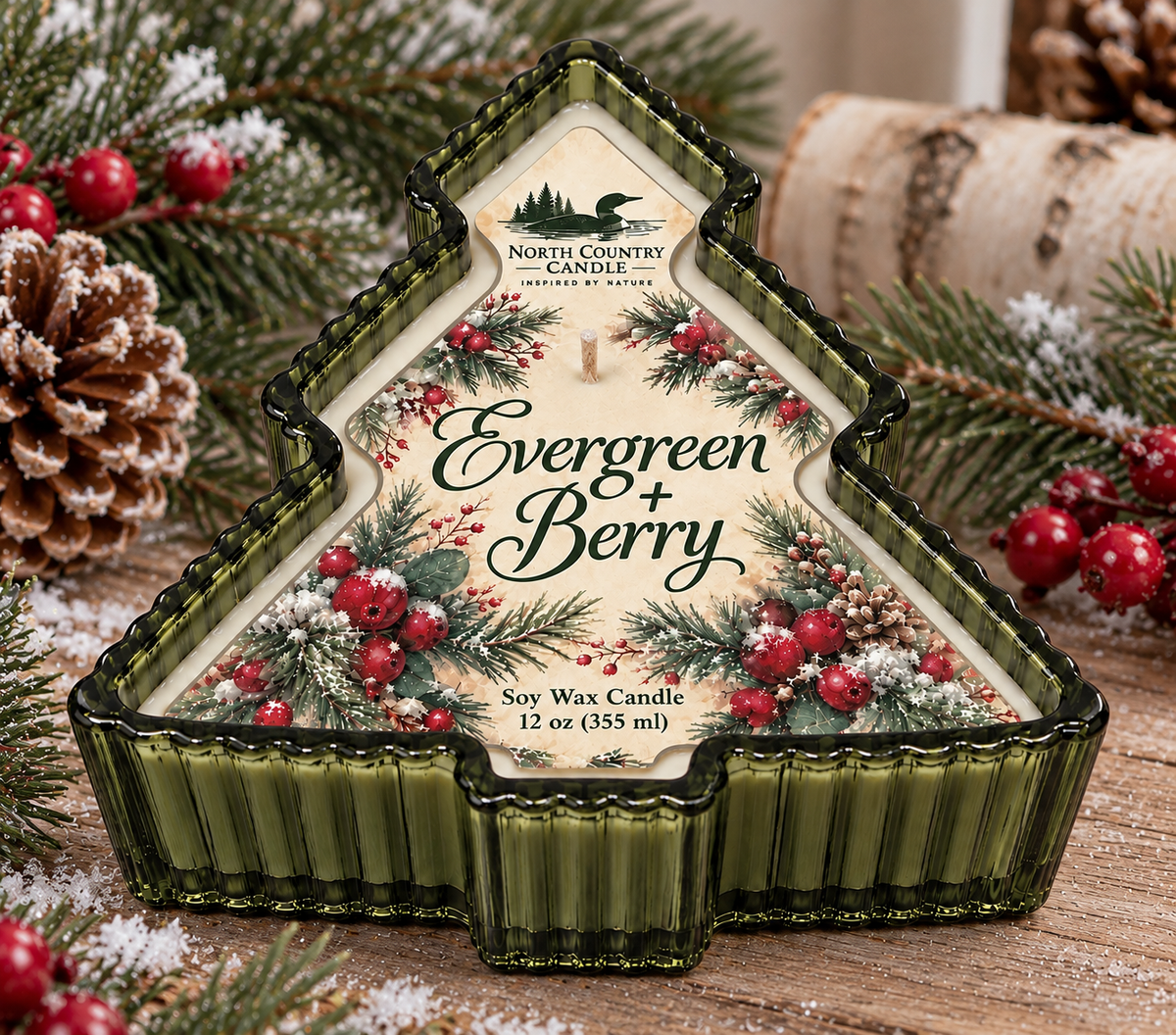 Evergreen + Berry | 12 oz Glass Christmas Tree Candle