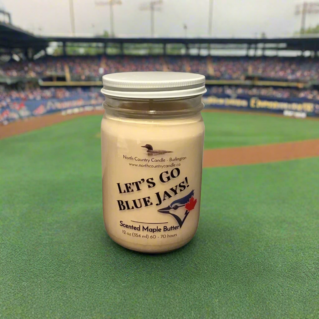 12 oz Baseball themed Blue Jay Soy Wax Candle scented with Maple Butter