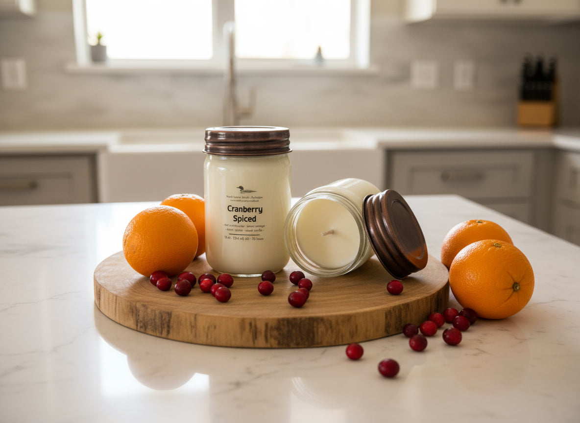 12 oz Soy Wax Candle scented wth Cranberry Spiced fragrance.