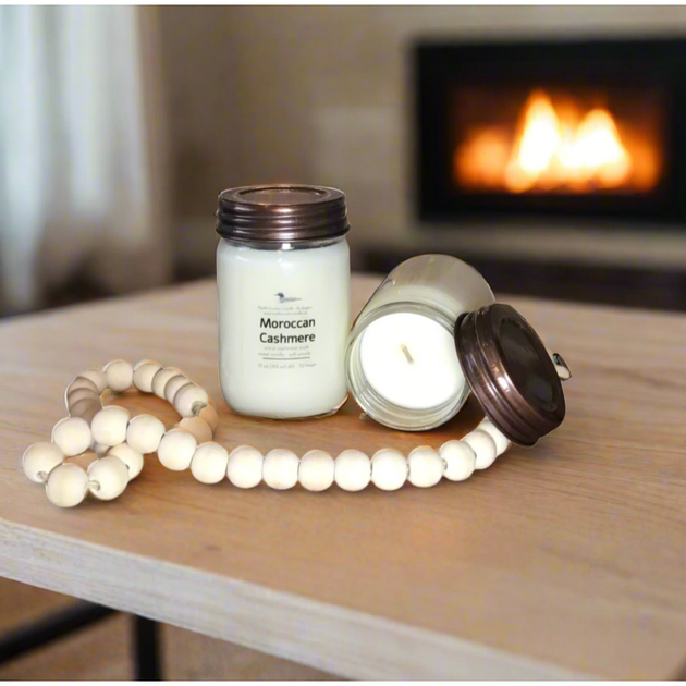 12 oz Soy Wax Candle poured with cotton wick and burnished copper Mason jar lid. Scented with Moroccan Cashmere.