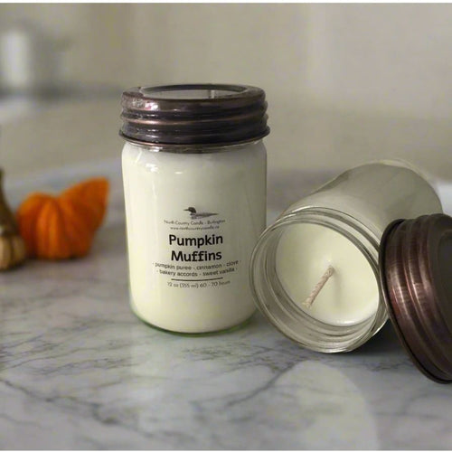 Pumpkin Muffins scented soy wax candle in 12 oz jar with burnished copper lid
