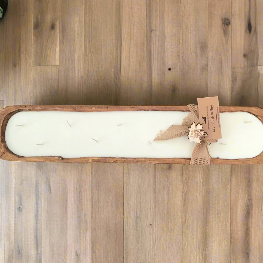 30 inch long oak dough bowl candle