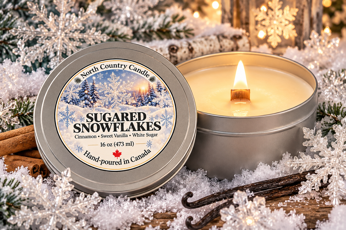 Sugared Snowflakes Christmas Wood Wick Candle Tin
