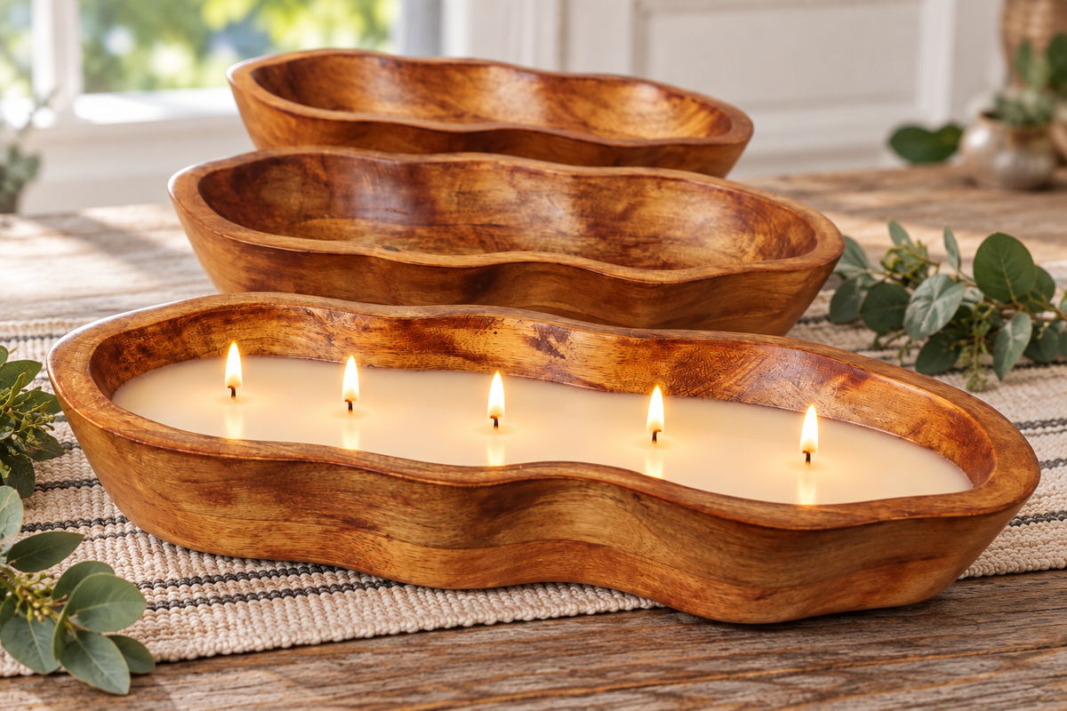 Wavy Mango Wood Dough Bowl Candle