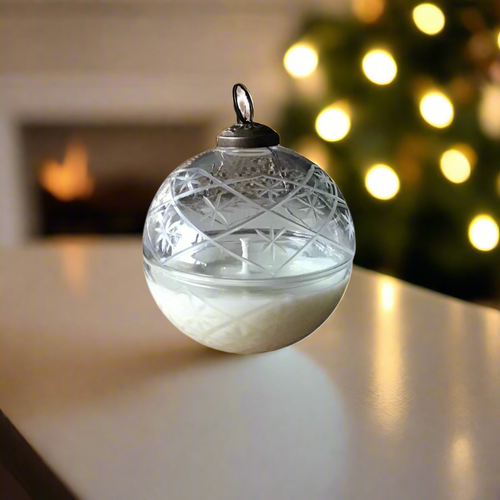 Two-piece crysta-style candle ornament with cotton wick.