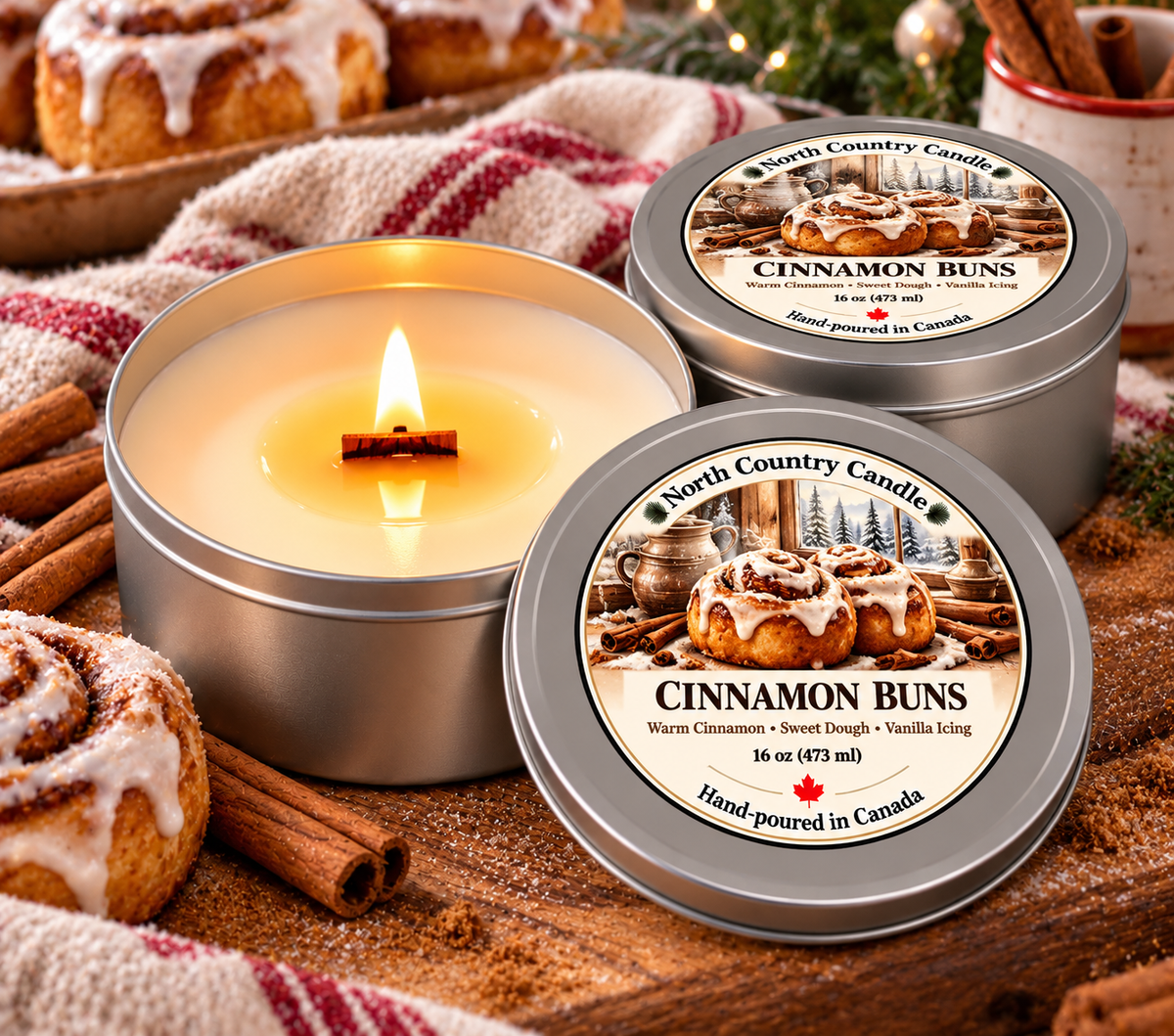 Cinnamon Buns | Christmas Wood Wick Silver Candle Tin