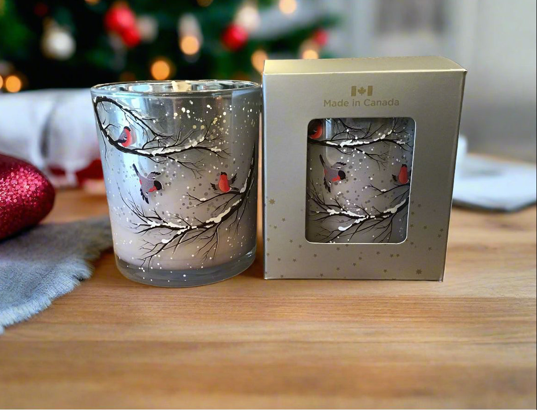 10 oz Soy wax Candle with winter forest scene and scented Cranberry Spice