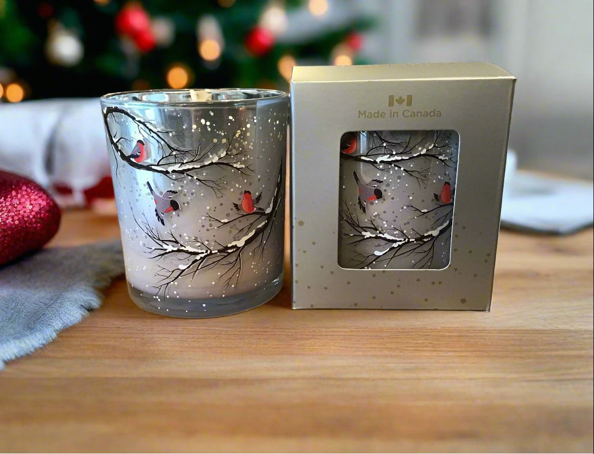 10 oz Soy wax Candle with winter forest scene and scented Cranberry Spice