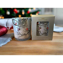 Load image into Gallery viewer, 10 oz Soy wax Candle with winter forest scene and scented Cranberry Spice
