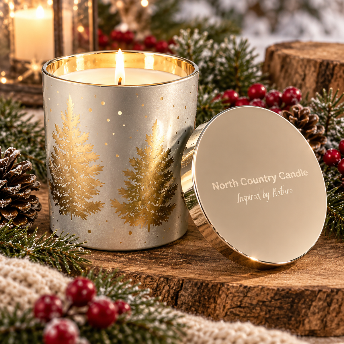 Silver & Gold Christmas 10 oz Soy Wax Candle - Evergreen & Berry