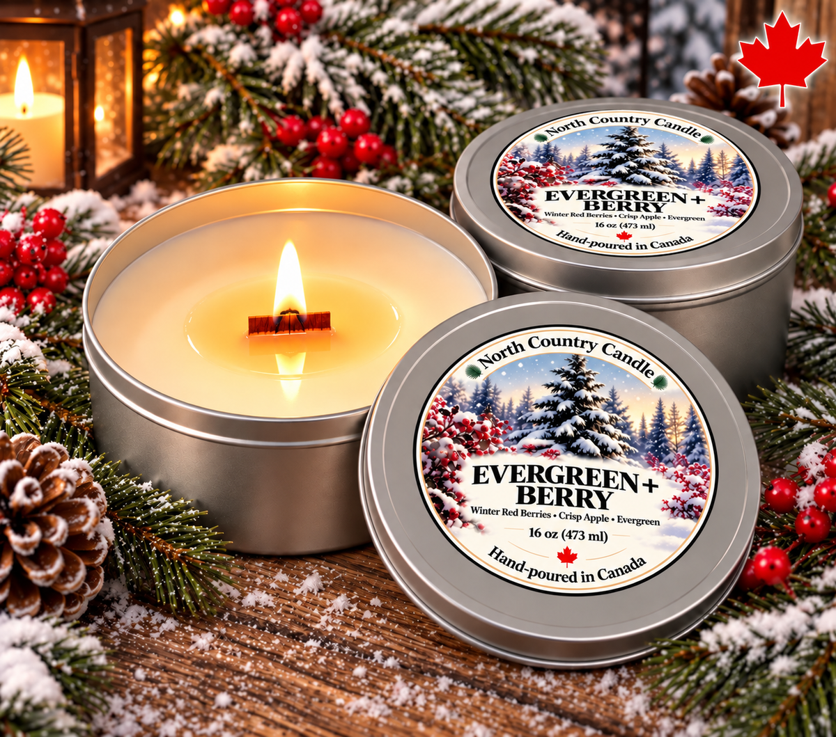 Evergreen + Berry 16 oz Wood Wick Soy Candle | Christmas Candle