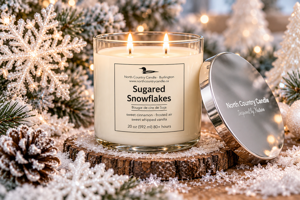Sugared Snowflakes – 20 oz Christmas Soy Candle with Silver Mirror Lid