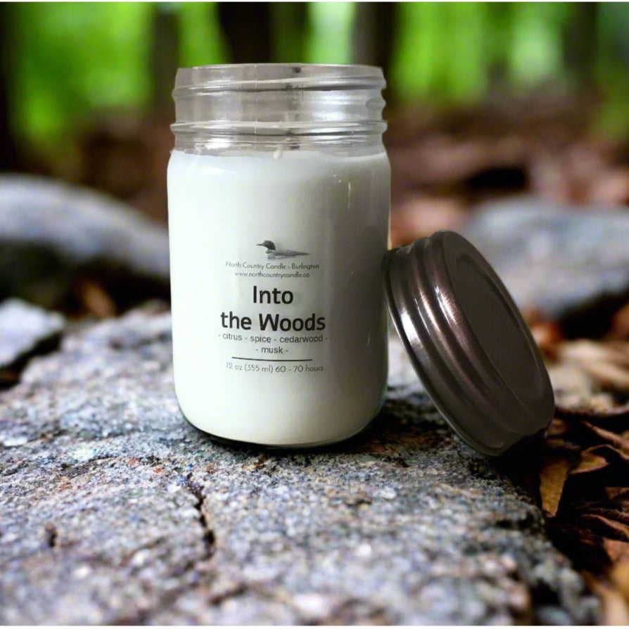 12 oz soy wax candle scented with Into the Woods complete with burnished copper Mason jar lid. 