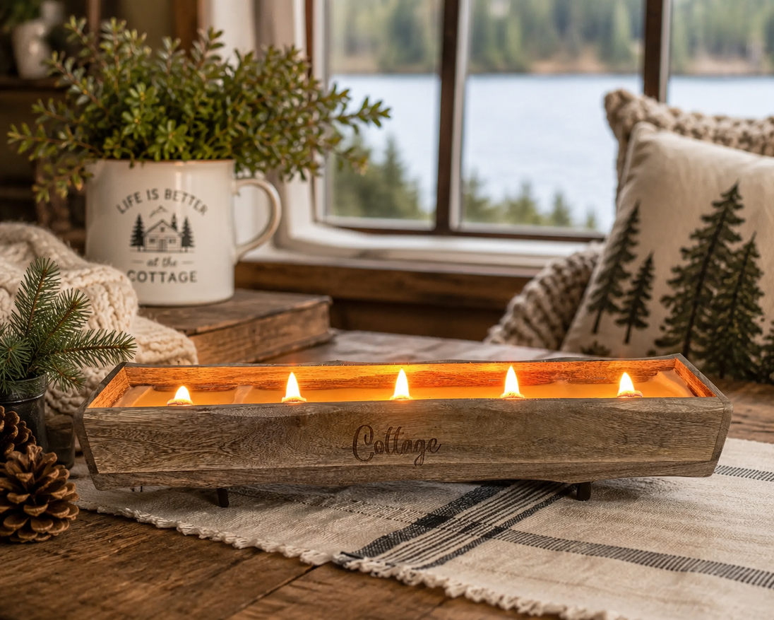 Mango Wood Engraved Candle Tray - Cottage