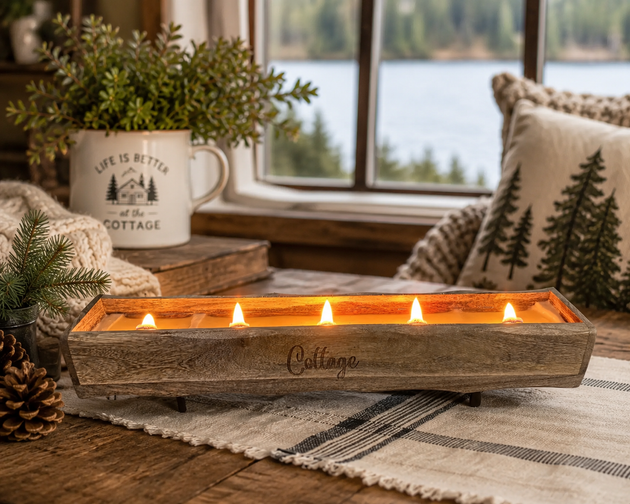 Mango Wood Engraved Candle Tray - Cottage