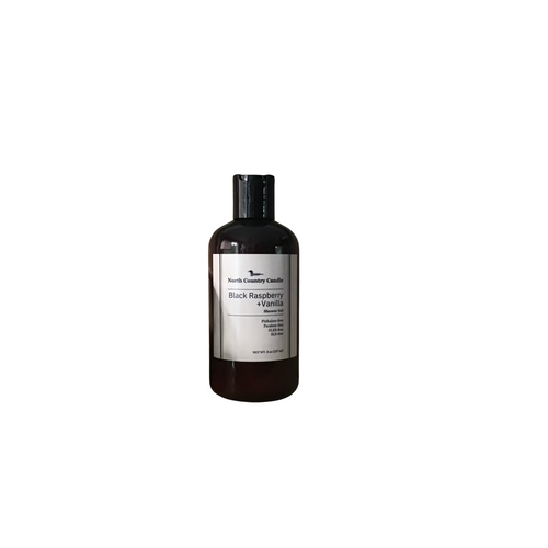 8 oz Showr Gel in amber bottle with disc cap scented Black Raspberry + Vanilla