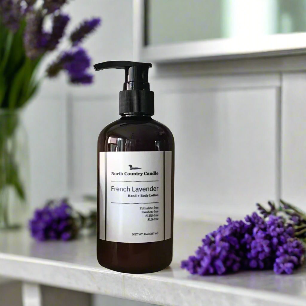 8 oz Hand + Body Moisturizer in amber bottle scented French Lavender