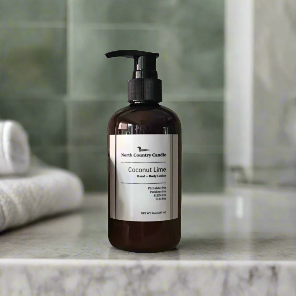 8 oz hand + body lotion in amber bottle scented coconut lime