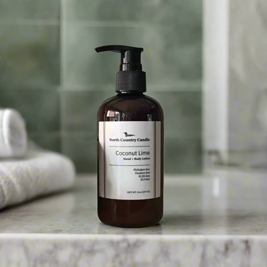 8 oz hand + body lotion in amber bottle scented coconut lime