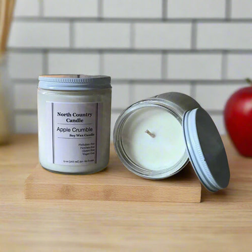 9 oz soy wax candle in clear jar scented Apple Crumble