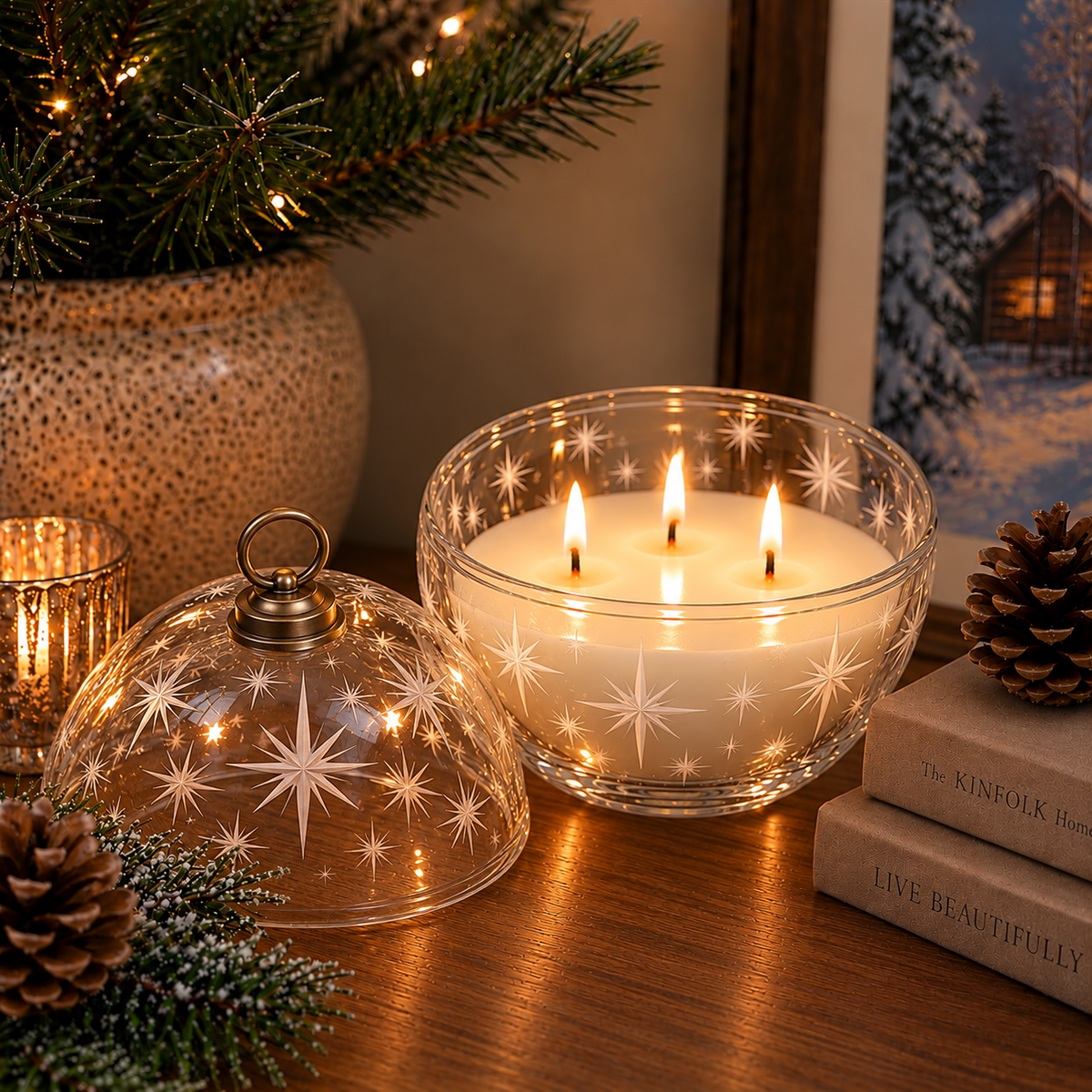 Ornament Glass Etched Christmas Candle