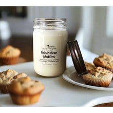 Load image into Gallery viewer, Raisin Bran Muffins 12 oz Soy Wax candle in Mason jar with burnished copper lid.

