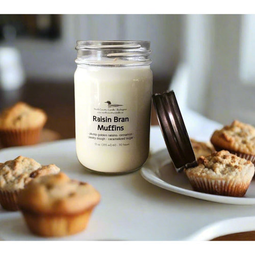 Raisin Bran Muffins 12 oz Soy Wax candle in Mason jar with burnished copper lid.
