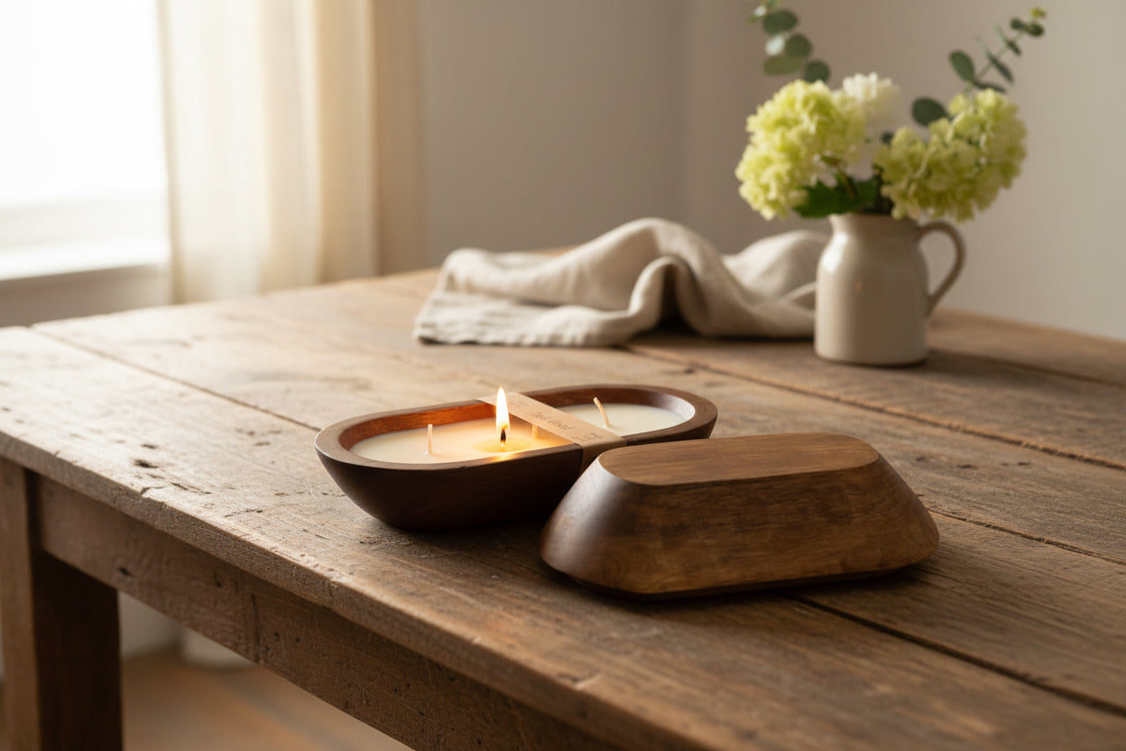Teak Wood Dough Bowl Candle