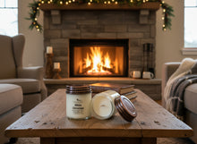 Load image into Gallery viewer, Soy Wax Candle with copper mason jar lid poured with eco-friendly soy wax and scented with White Christmas holiday fragrance. 
