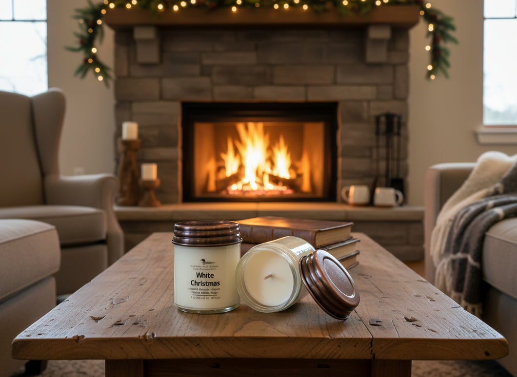 Soy Wax Candle with copper mason jar lid poured with eco-friendly soy wax and scented with White Christmas holiday fragrance. 