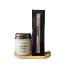 Load image into Gallery viewer, Evergreen &amp; Berry 9 oz Soy Candle, Bamboo Tray &amp; Rose-Coloured USB Lighter
