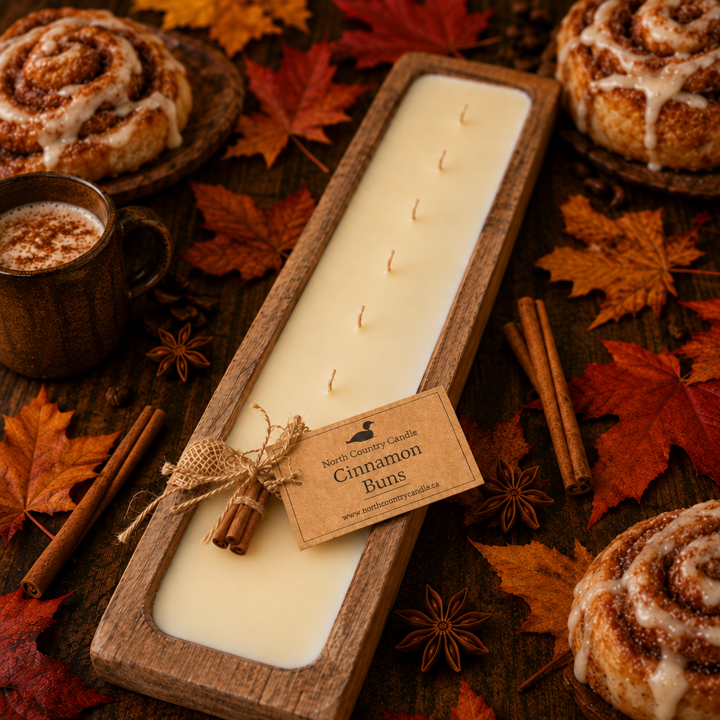 Rectangle 18 inch dough bowl soy wax candle scented Cinnamon Buns with cinnamon buns in background